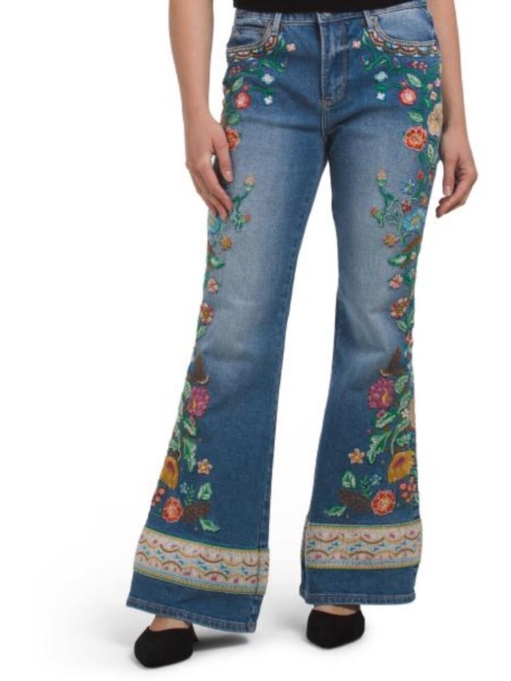 DRIFTWOOD JEANS Embroidered Floral Flare Jeans - Blue